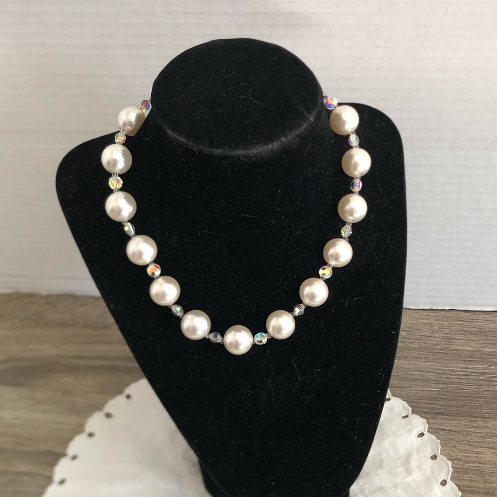 Vtg Faux Pearl and Aurora Borealis Crystal Beaded Necklace
